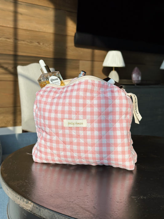 Pink Gingham Quilted Cosmetic Bag